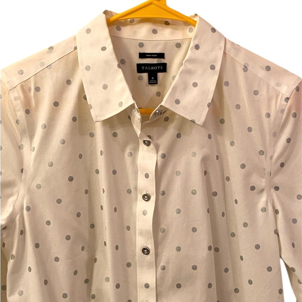 Talbots Blouse White with Metallic Silver Polka Dots Non Iron Button up SZ 8